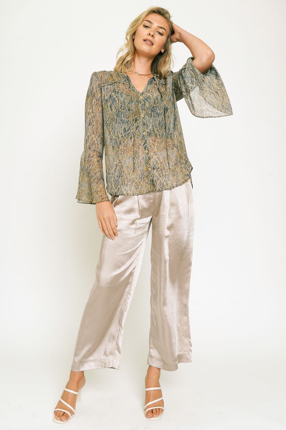 Adrianna Ruffle Neck Lurex Chiffon Blouse