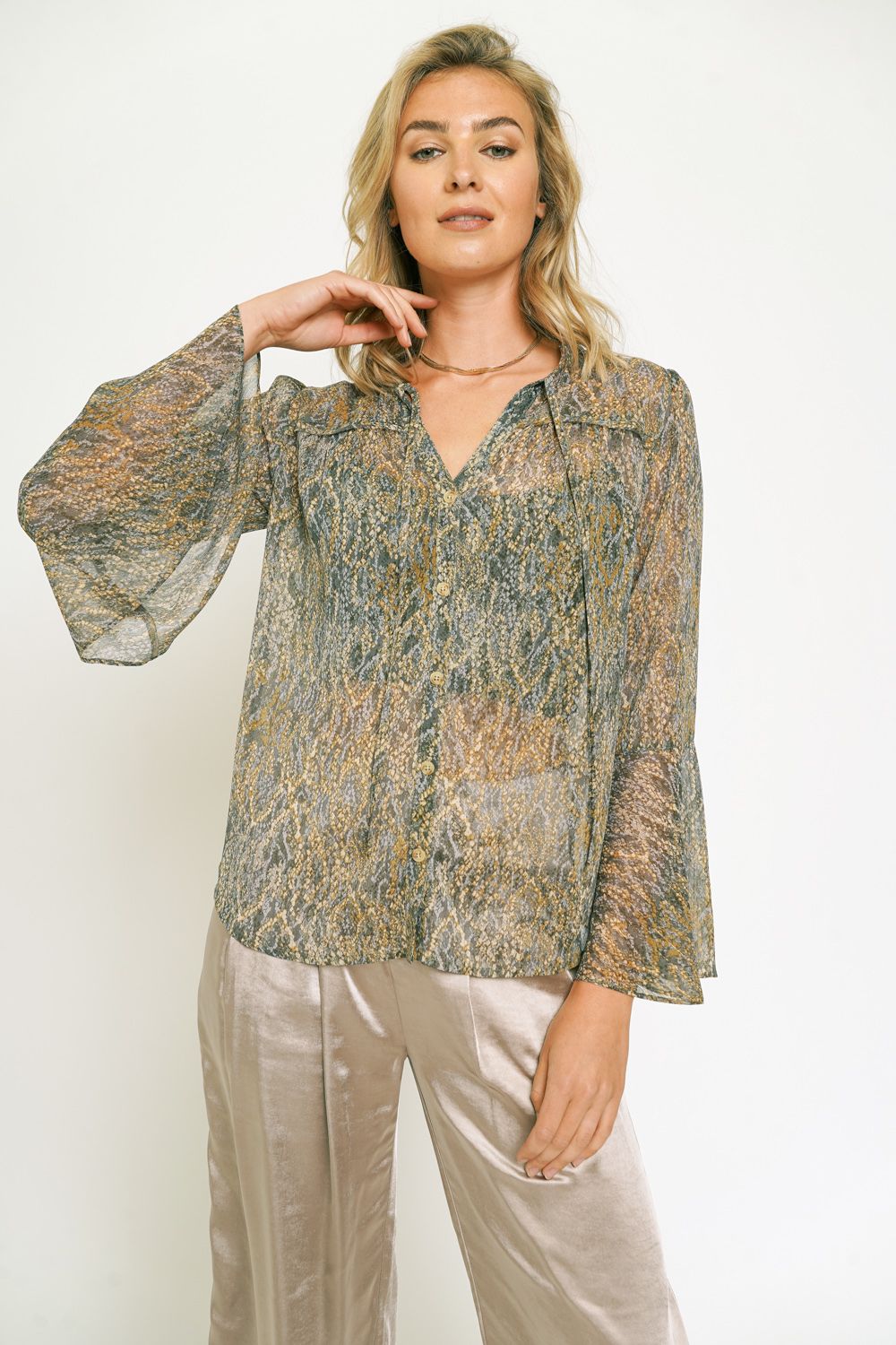 Adrianna Ruffle Neck Lurex Chiffon Blouse