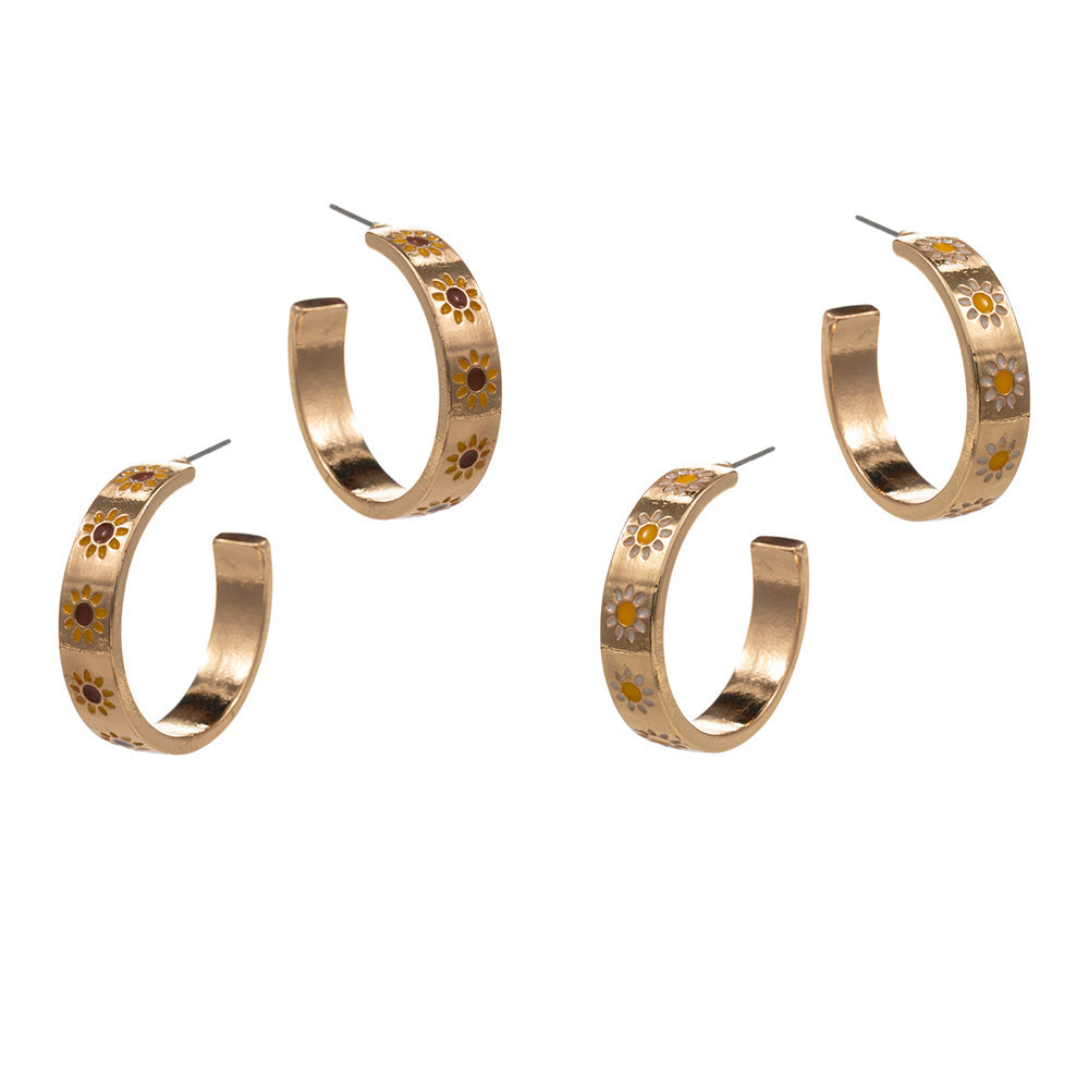 GOLD SUNFLOWER ENAMEL HOOP PIECED EARRINGS.