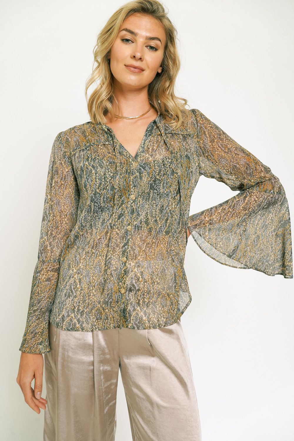 Adrianna Ruffle Neck Lurex Chiffon Blouse