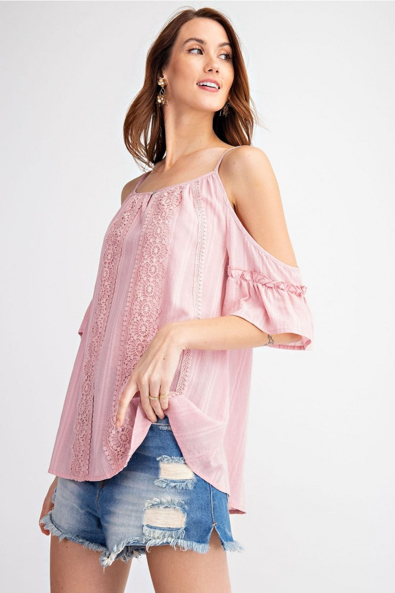 Cold Shoulder Crochet Lace Woven Top