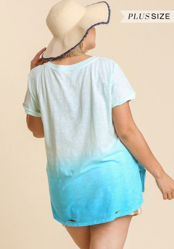 Gathered Dip Dye Distressed V-Neck T-Shirt