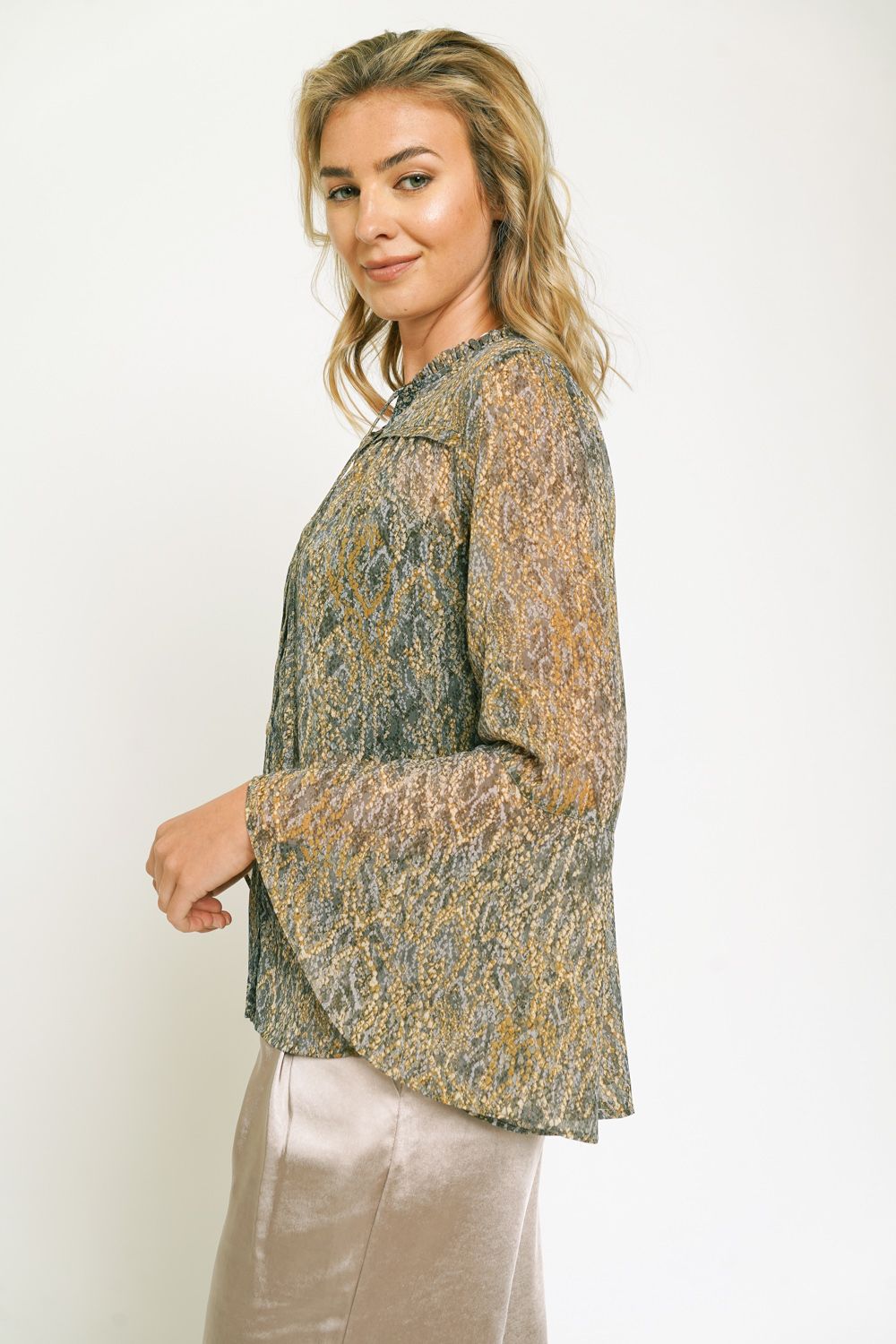 Adrianna Ruffle Neck Lurex Chiffon Blouse