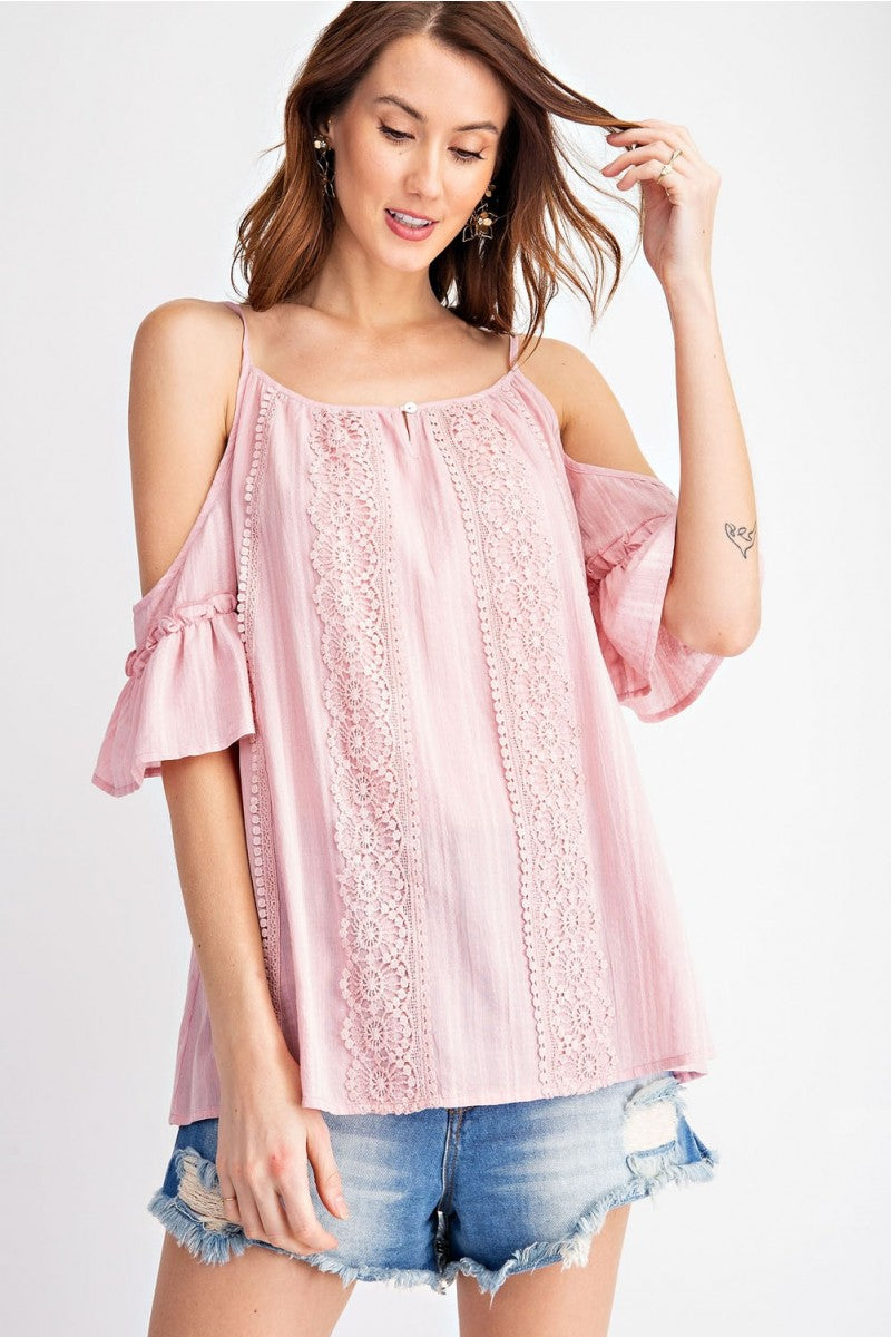 Cold Shoulder Crochet Lace Woven Top