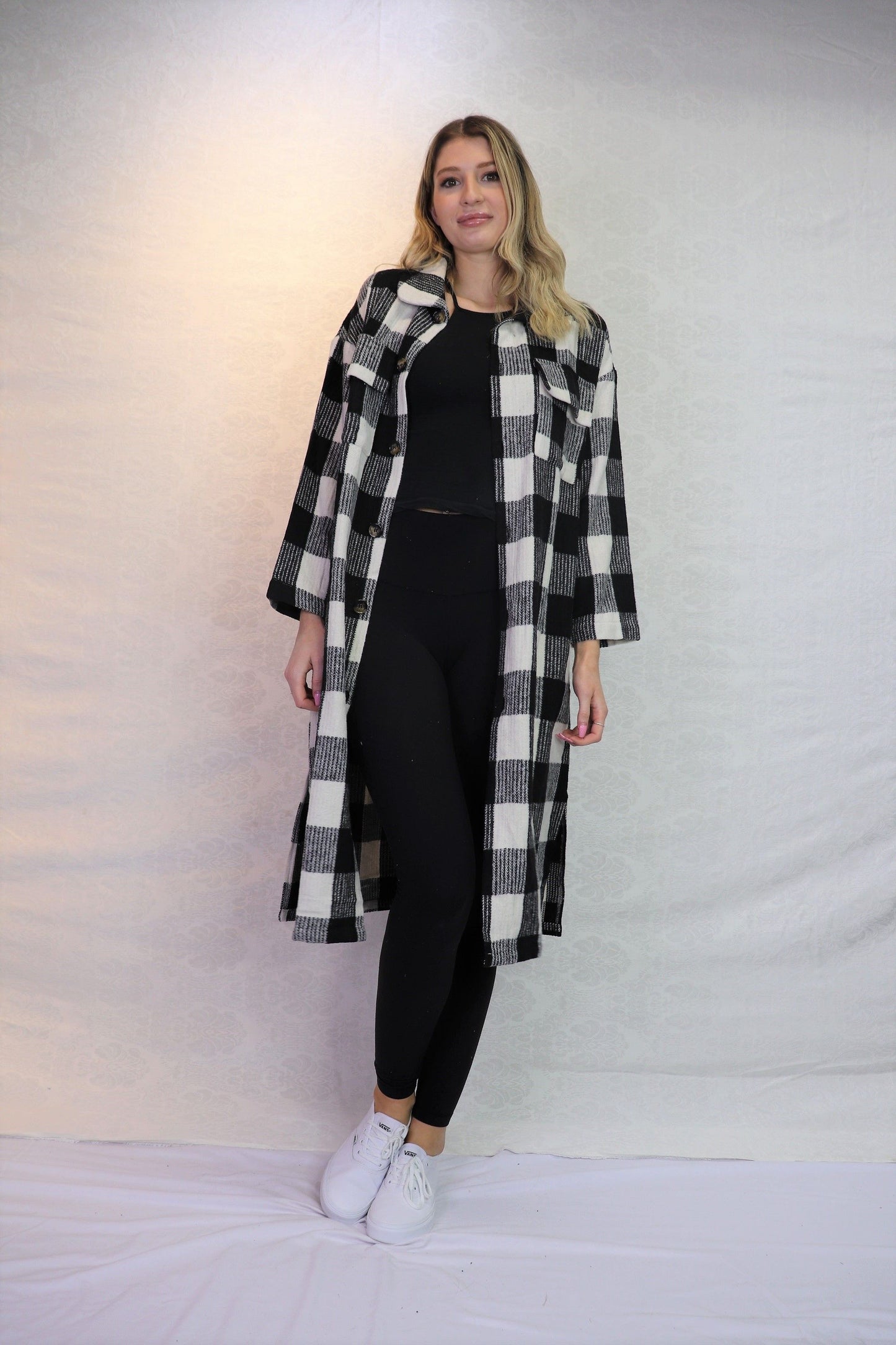Long Check Lapel Coat