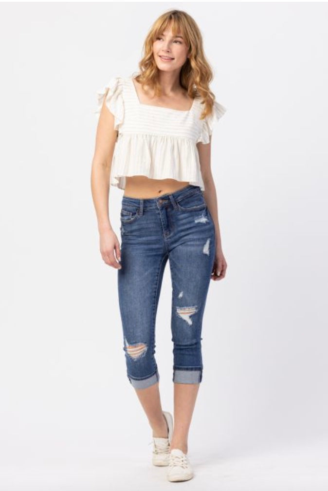 Judy Blue Mid-Rise  Distressed Cuffed Capri