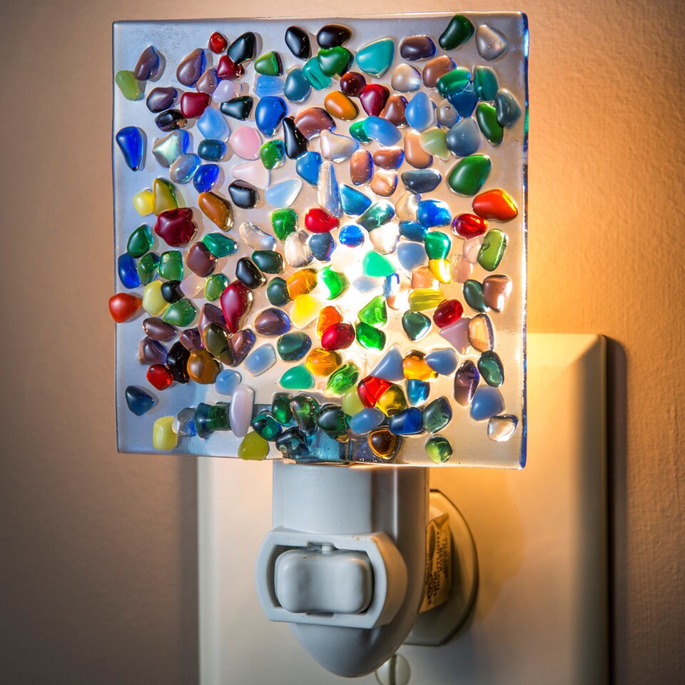 Blue Stained Glass Multi Colored Fused Glass Pebbles Red Purple Green Night Light
