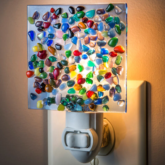 Blue Stained Glass Multi Colored Fused Glass Pebbles Red Purple Green Night Light