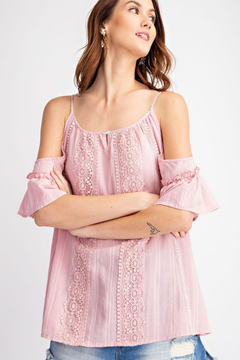 Cold Shoulder Crochet Lace Woven Top