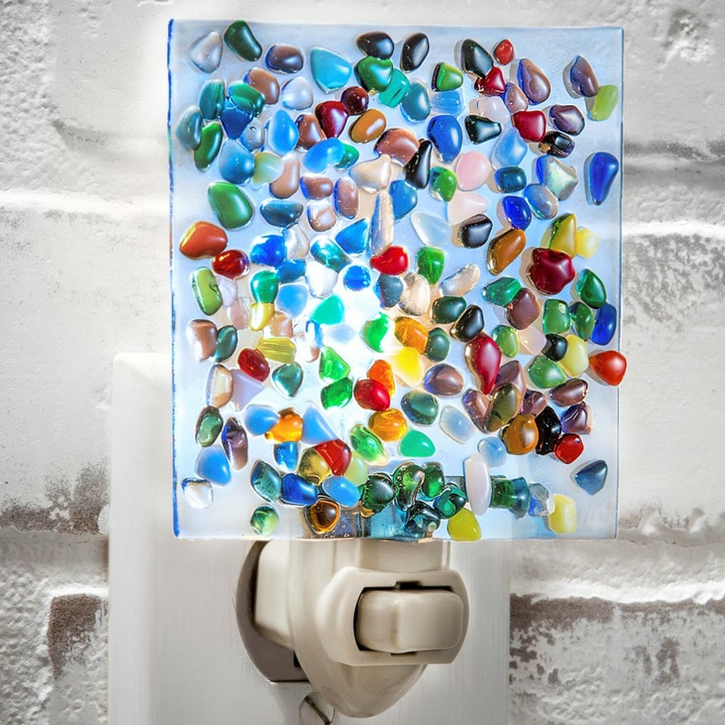 Blue Stained Glass Multi Colored Fused Glass Pebbles Red Purple Green Night Light