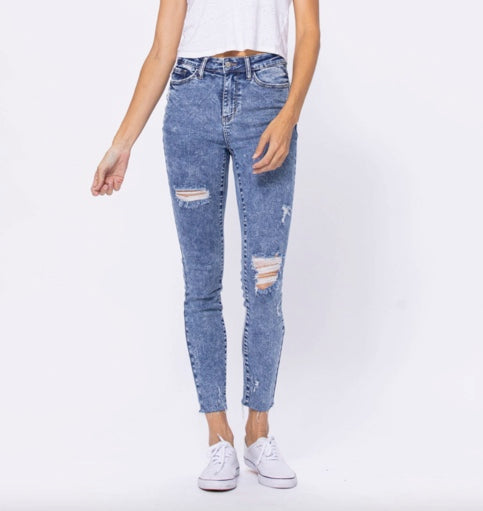 Skinny High Waist Open Hem Jeans Blue