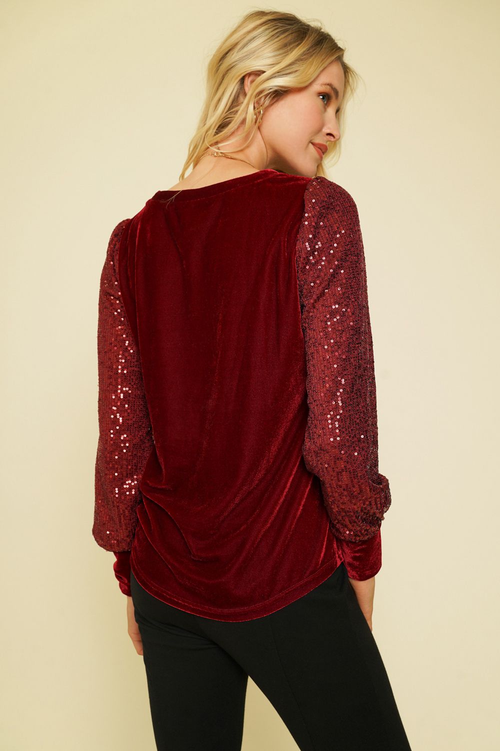 Sequin Balloon Sleeve Velvet Top