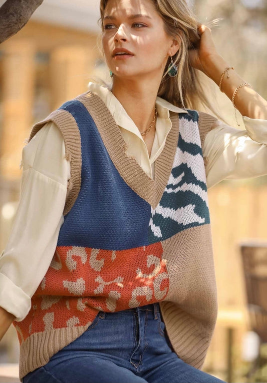 Animal Print V-Neck Sweater Vest