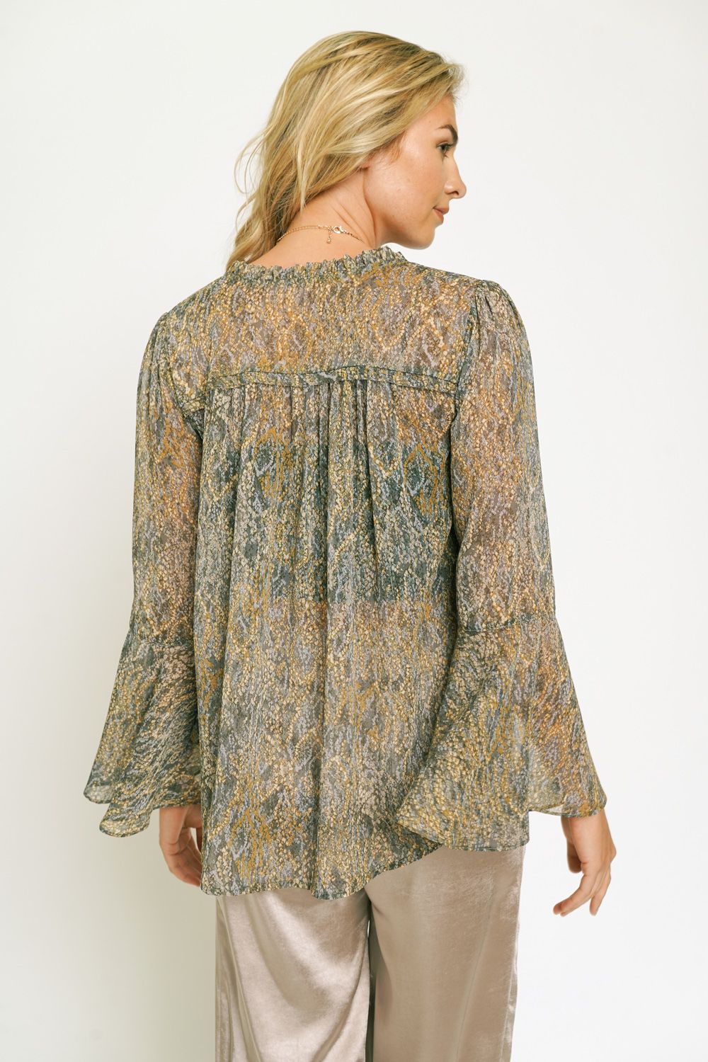 Adrianna Ruffle Neck Lurex Chiffon Blouse