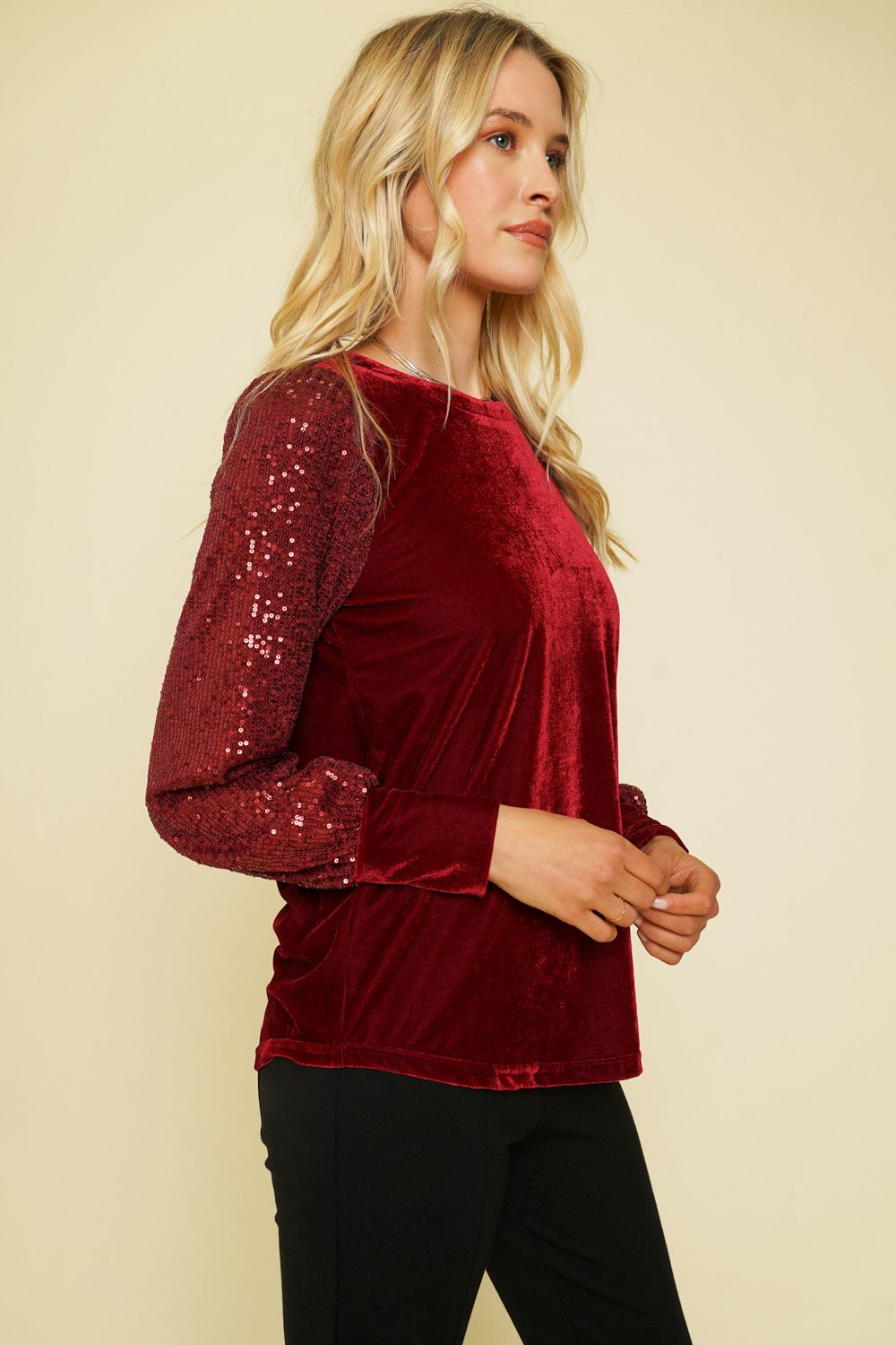 Sequin Balloon Sleeve Velvet Top