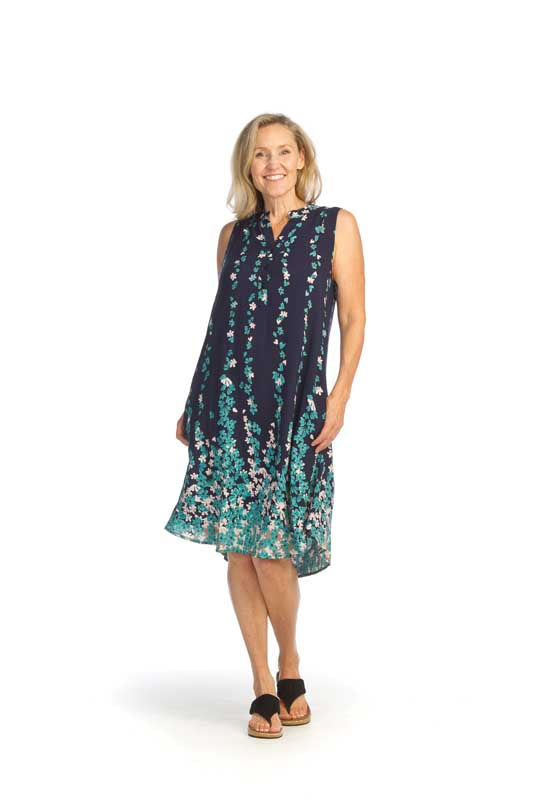 Blue Floral Print Henley Dress