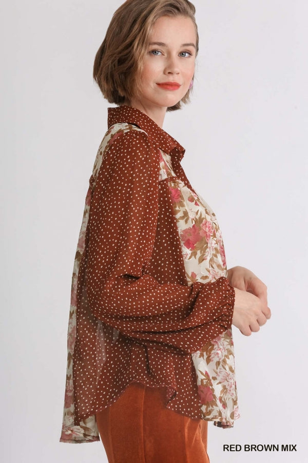Brown Mix Sheer Mixed Print Button Down Top