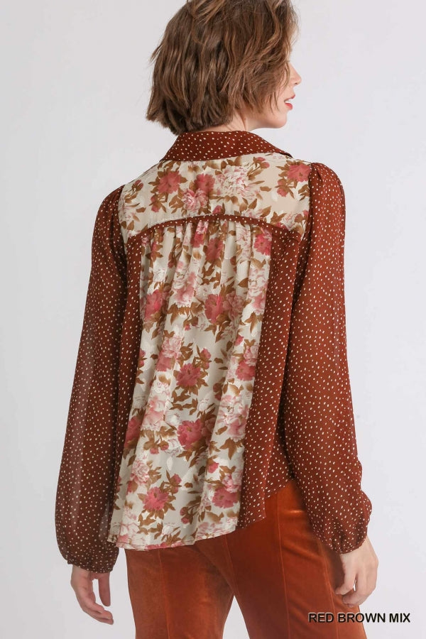 Brown Mix Sheer Mixed Print Button Down Top
