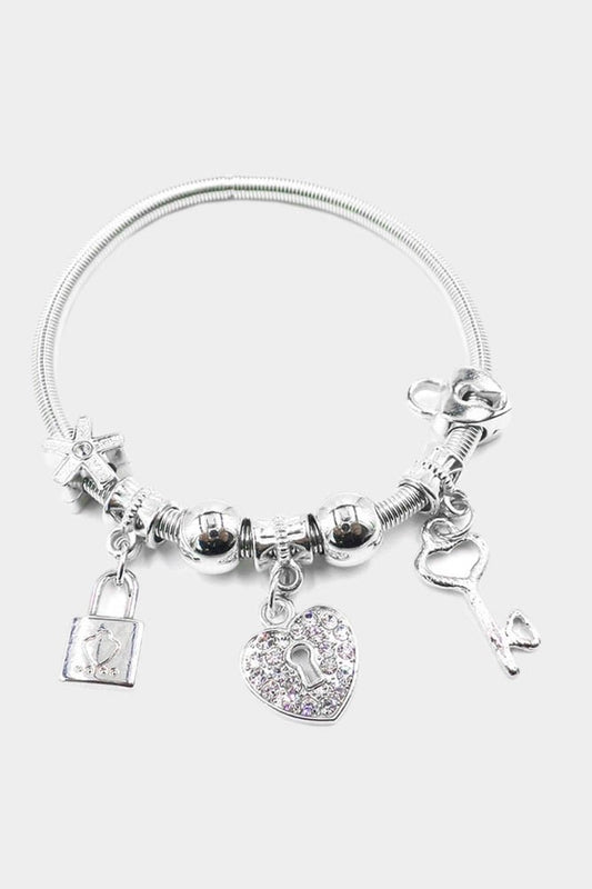 Lock Heart Key Charm Stretch Bracelet