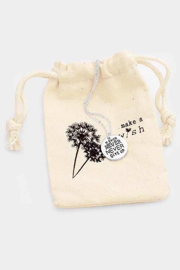 Never Give Up Disc Pendant Necklace Gift Bag Set