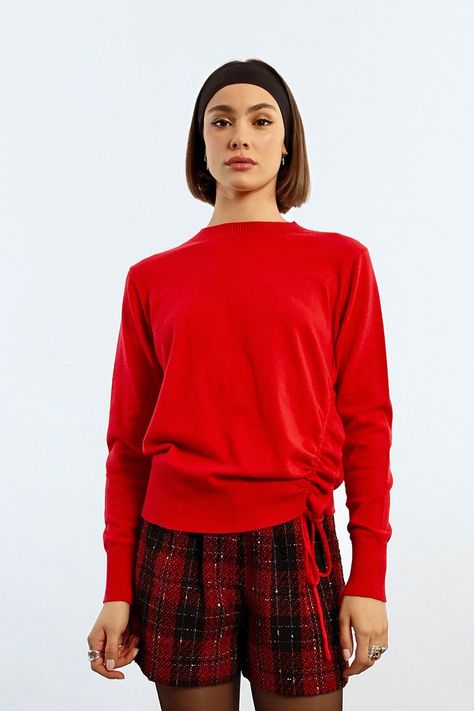 Red Ruched Crewneck Sweater Pizzazz Beloit