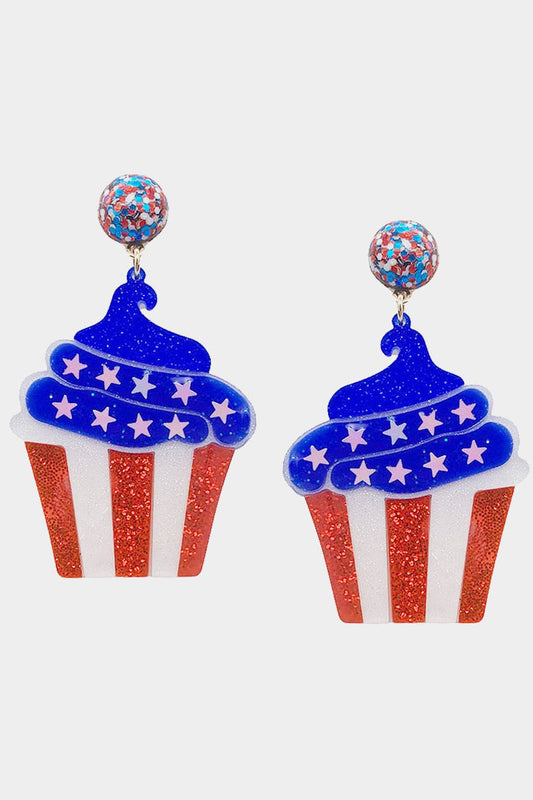 Glittered Resin American USA Flag Cupcake Earrings