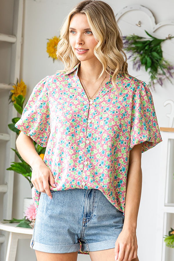 Ditsy Pastel Floral Puff Sleeves Button Up Top