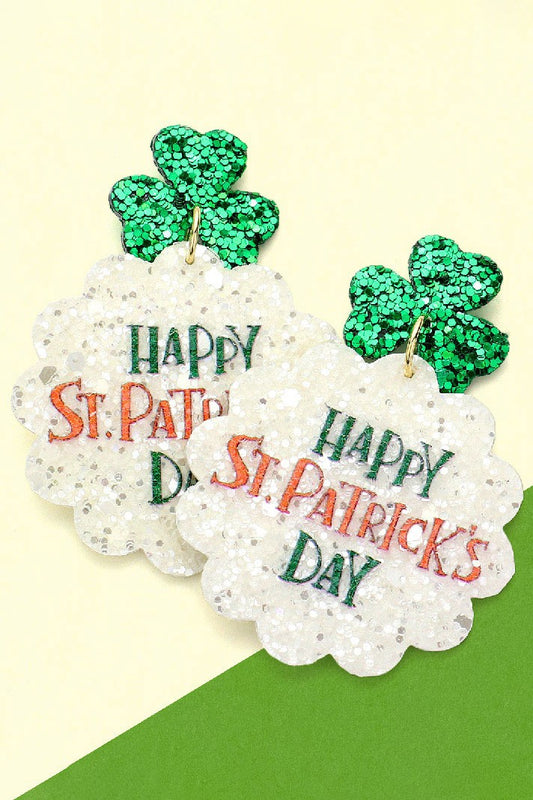 St. Patrick's Day Glittered Clover Dangle Earrings