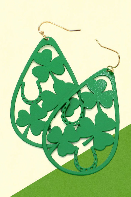 St. Patrick's Clover Out Teardrop Dangle Earrings