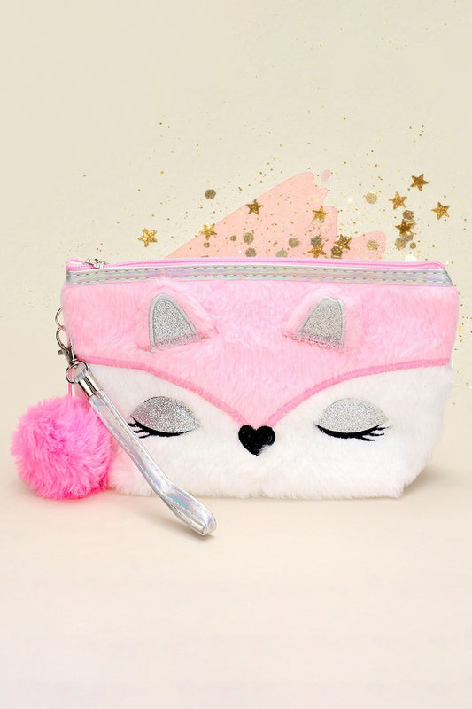 Fuzzy Animal Face Pom Pom Pouch Wristlet Bag