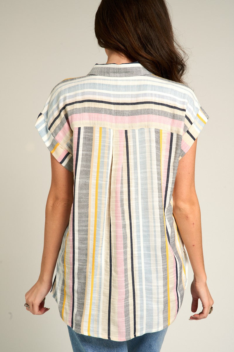 Multicolor Striped Button Down Short Sleeve Top