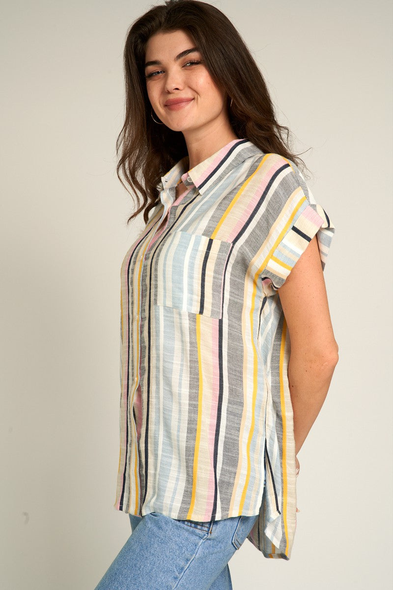 Multicolor Striped Button Down Short Sleeve Top