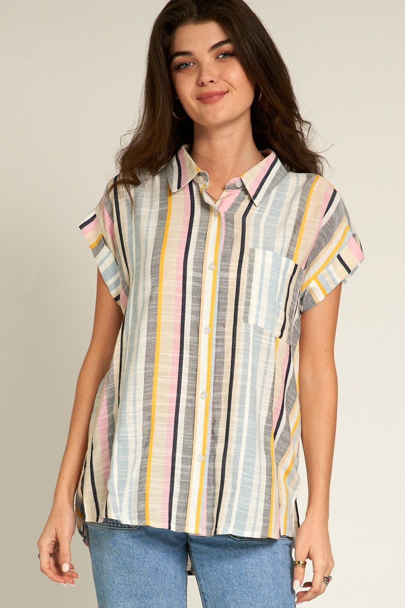 Multicolor Striped Button Down Short Sleeve Top