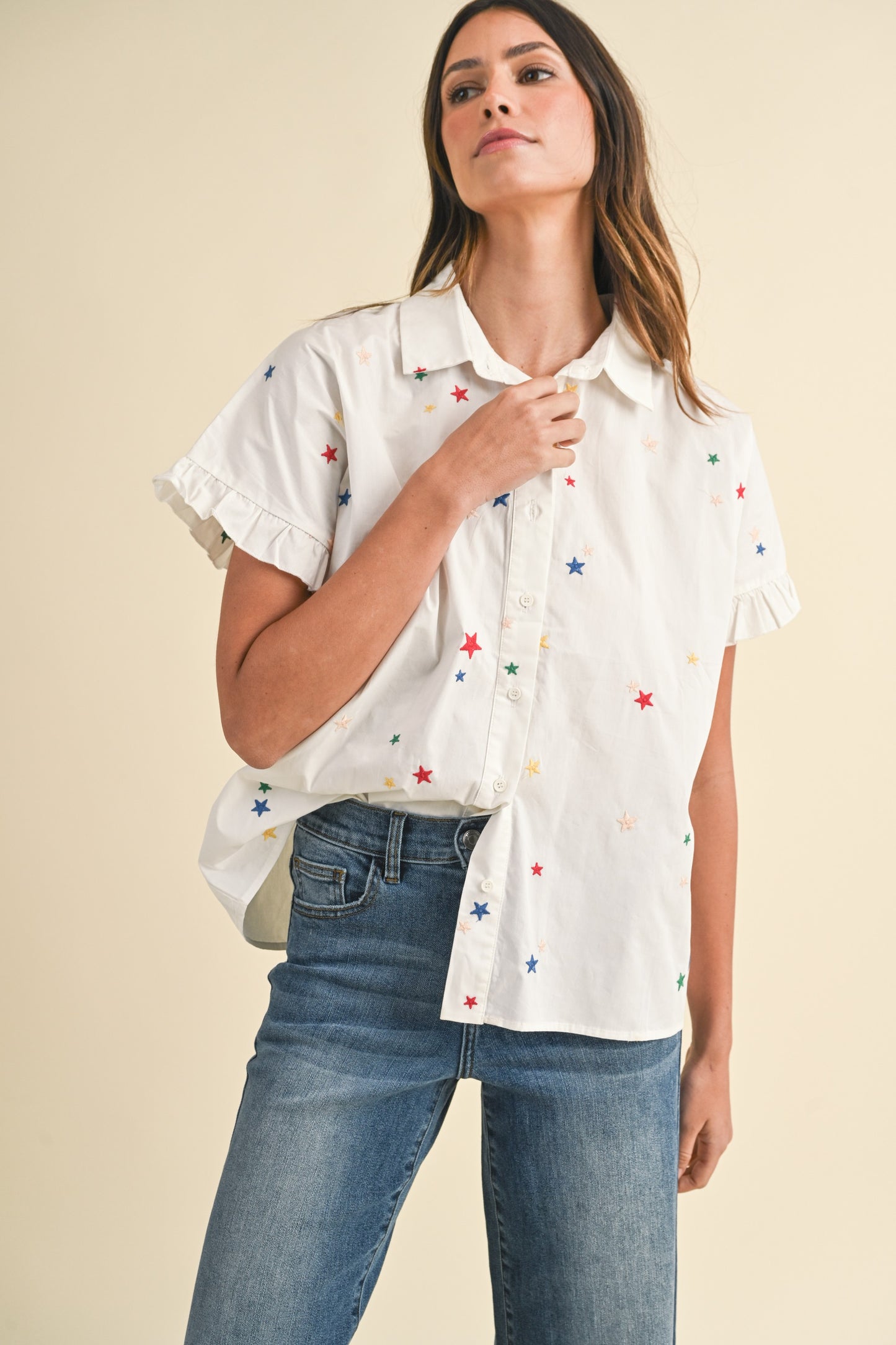 Charming Embroidered Stars Ruffle Detail Top