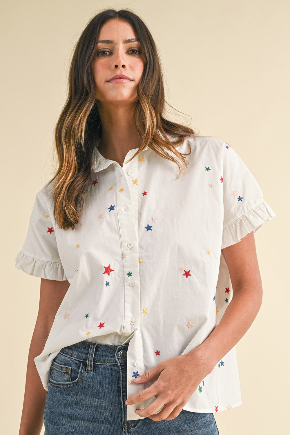 Charming Embroidered Stars Ruffle Detail Top