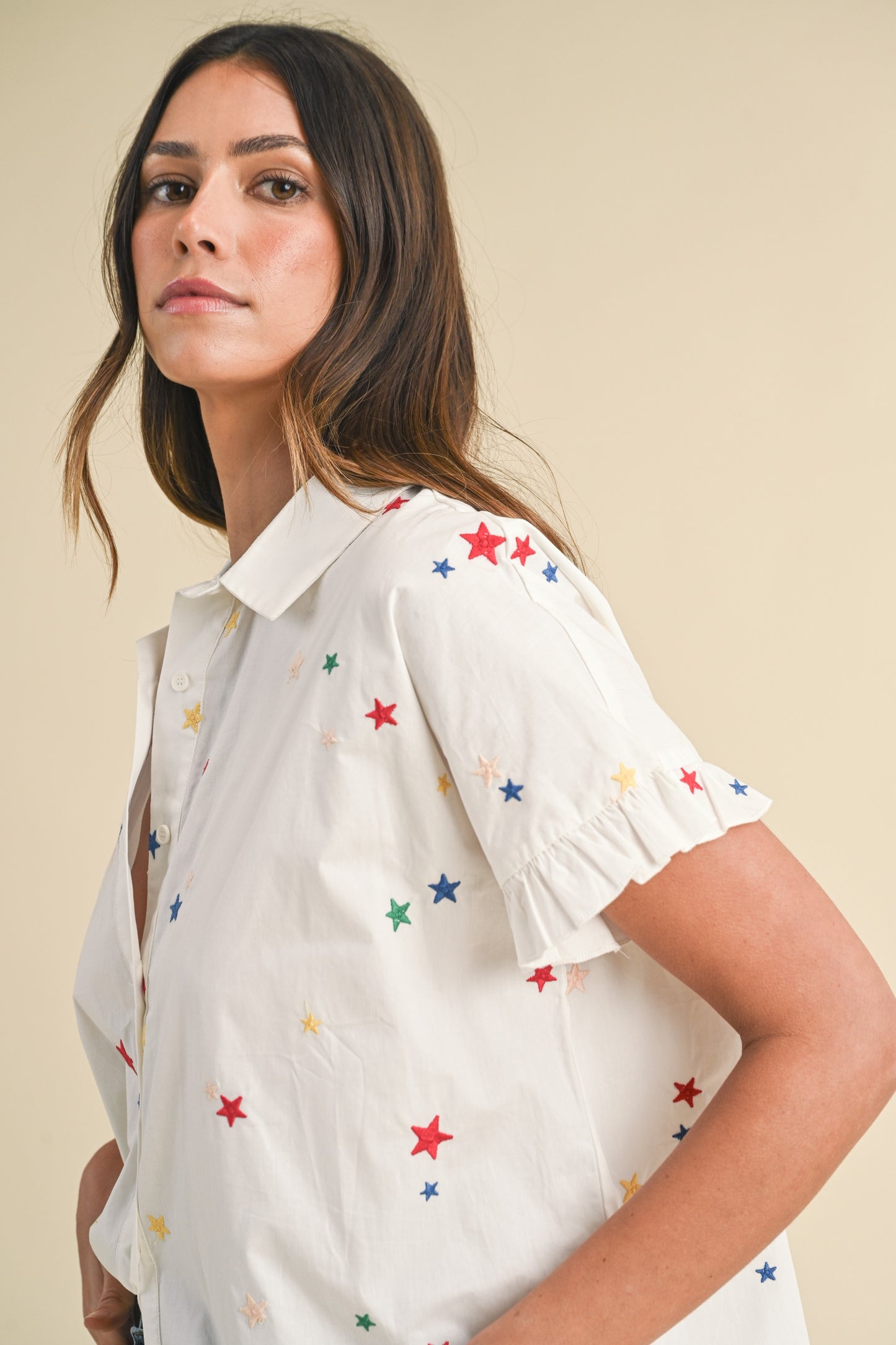 Charming Embroidered Stars Ruffle Detail Top