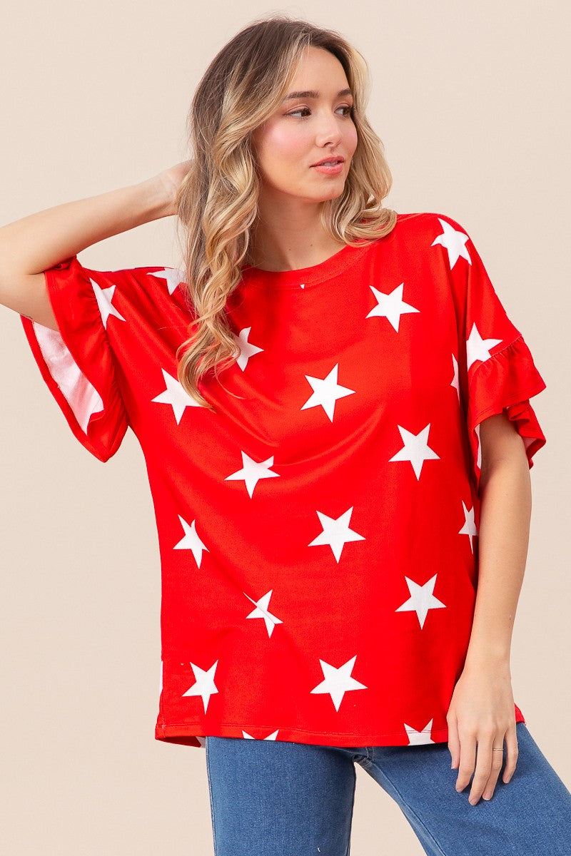 Bright Star Print Ruffle Sleeves Top