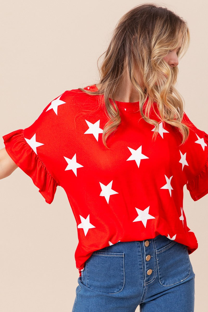 Bright Star Print Ruffle Sleeves Top