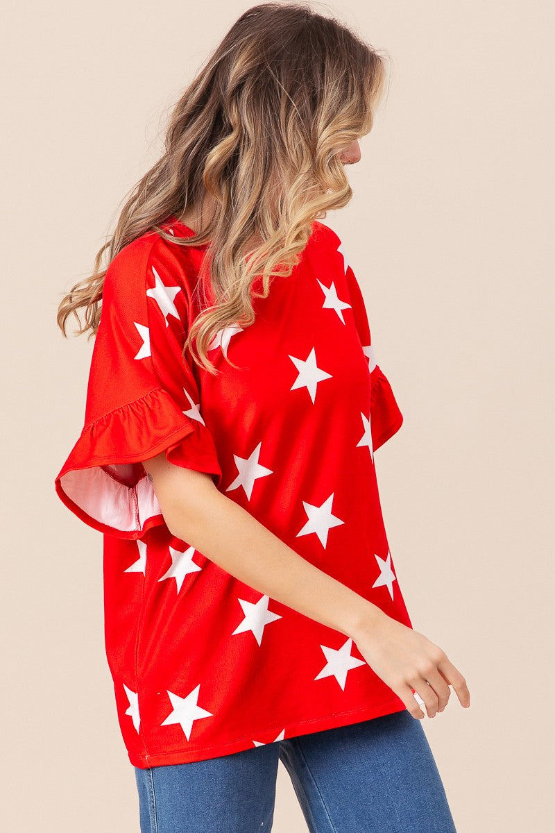 Bright Star Print Ruffle Sleeves Top