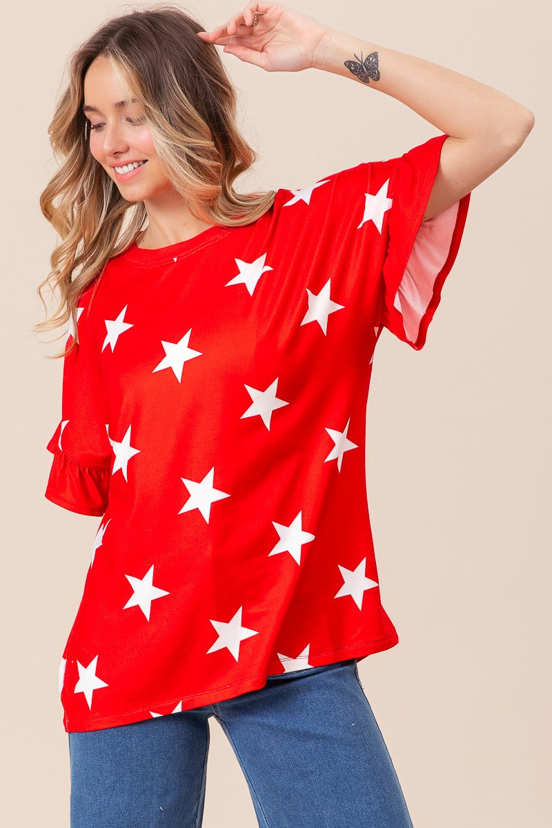 Bright Star Print Ruffle Sleeves Top