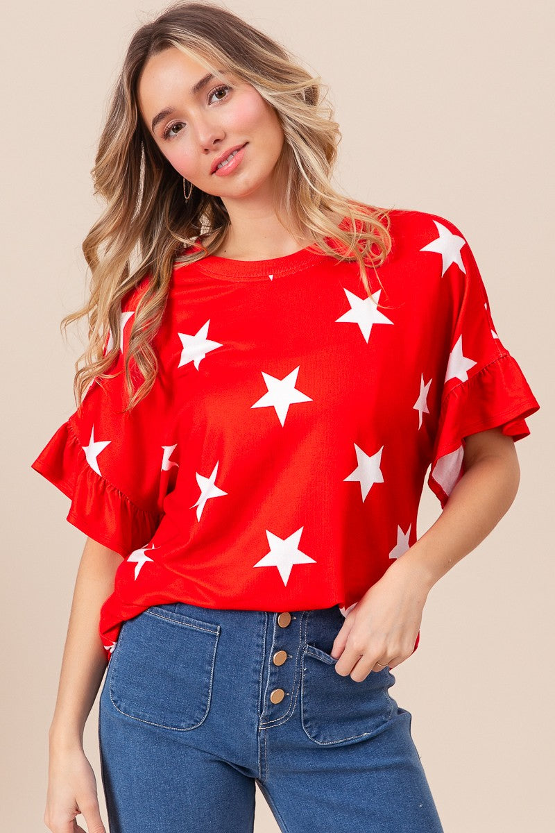 Bright Star Print Ruffle Sleeves Top