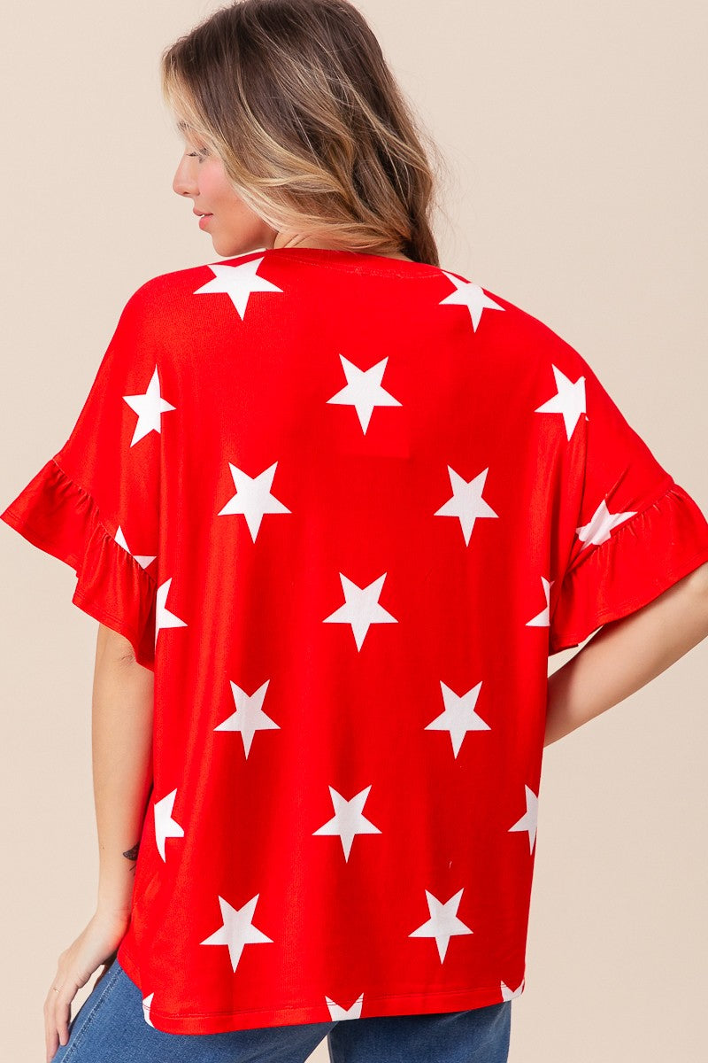 Bright Star Print Ruffle Sleeves Top