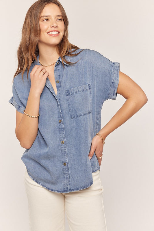 Washed Lyocell Button Down Top