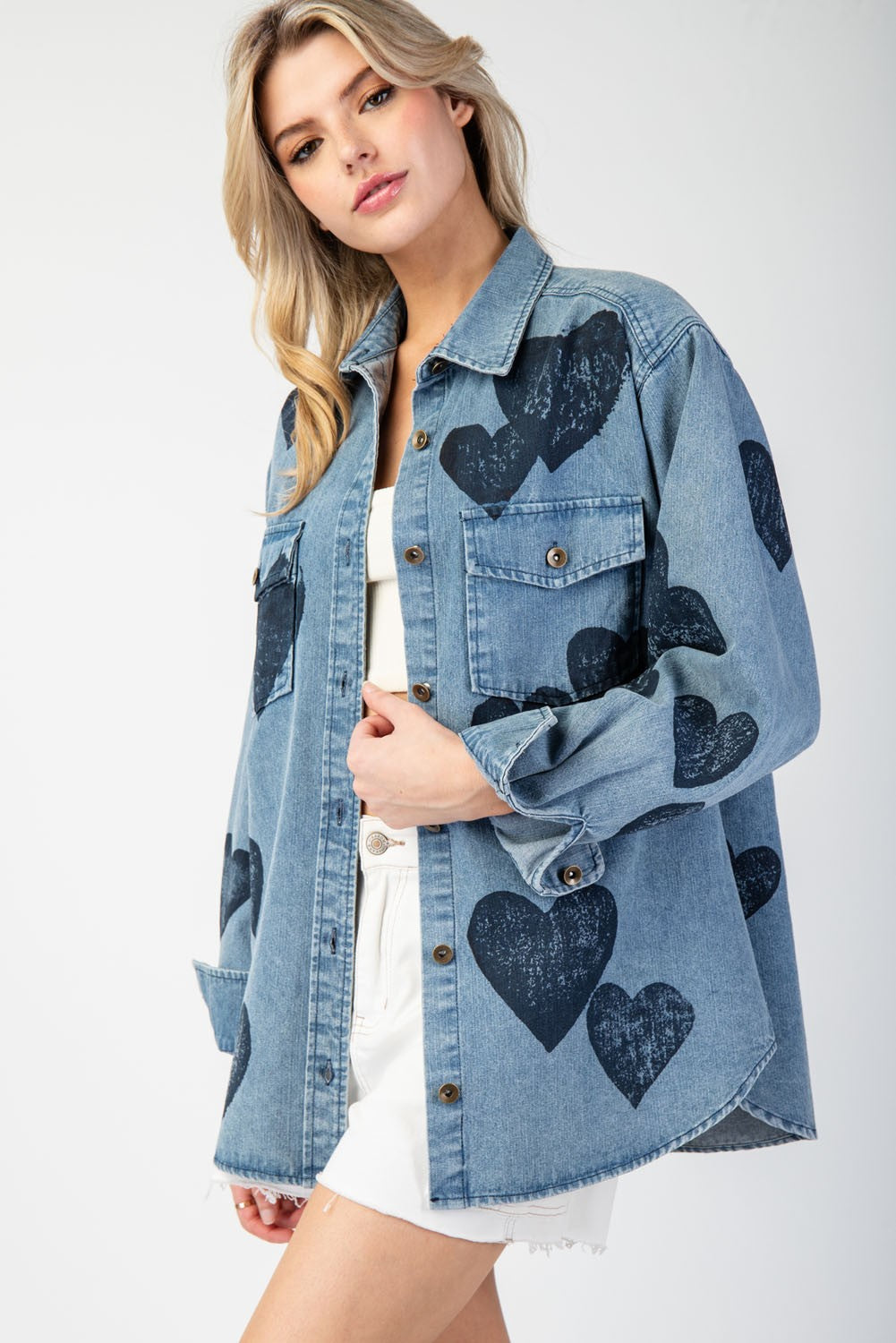 Mineral Washed Heart Pattern Button Down Shirt