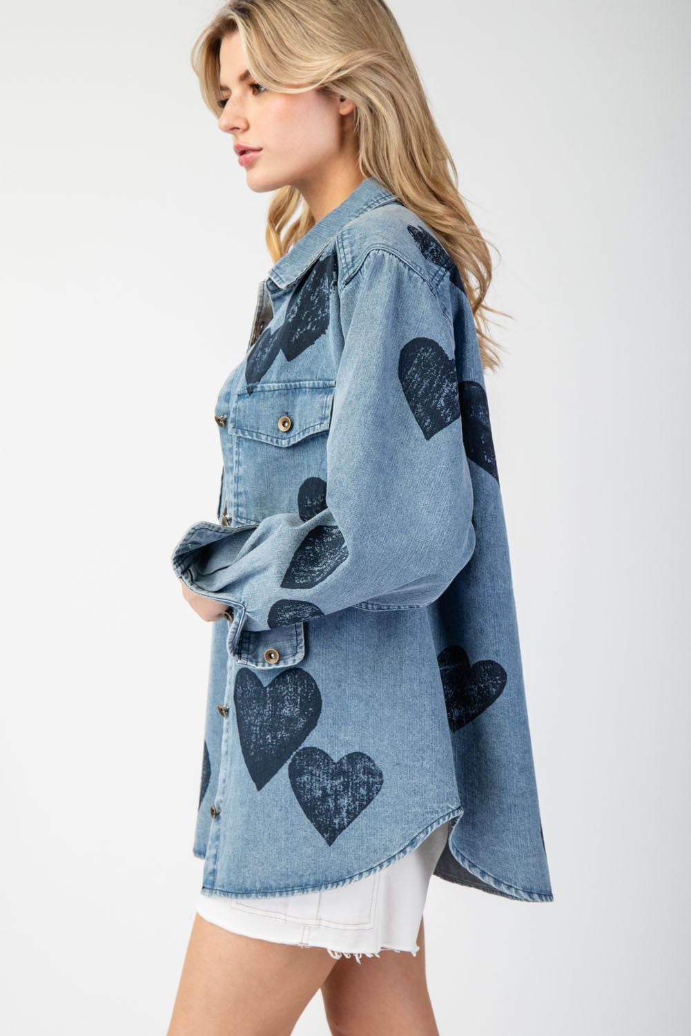 Mineral Washed Heart Pattern Button Down Shirt