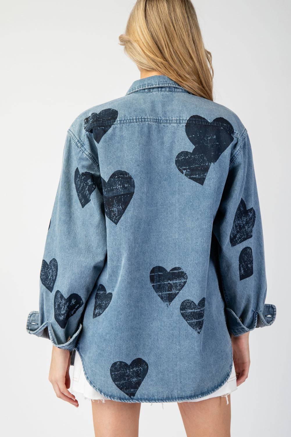 Mineral Washed Heart Pattern Button Down Shirt