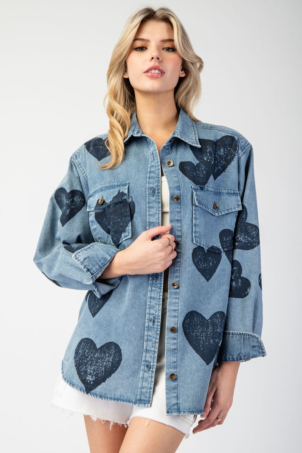 Mineral Washed Heart Pattern Button Down Shirt