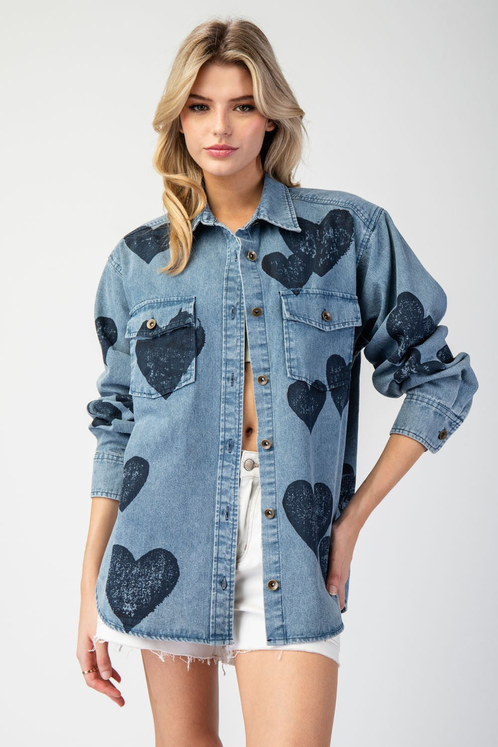 Mineral Washed Heart Pattern Button Down Shirt