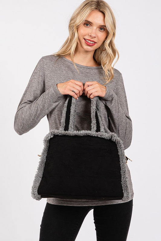 Fleece Trimmed Solid Tote Crossbody Bag