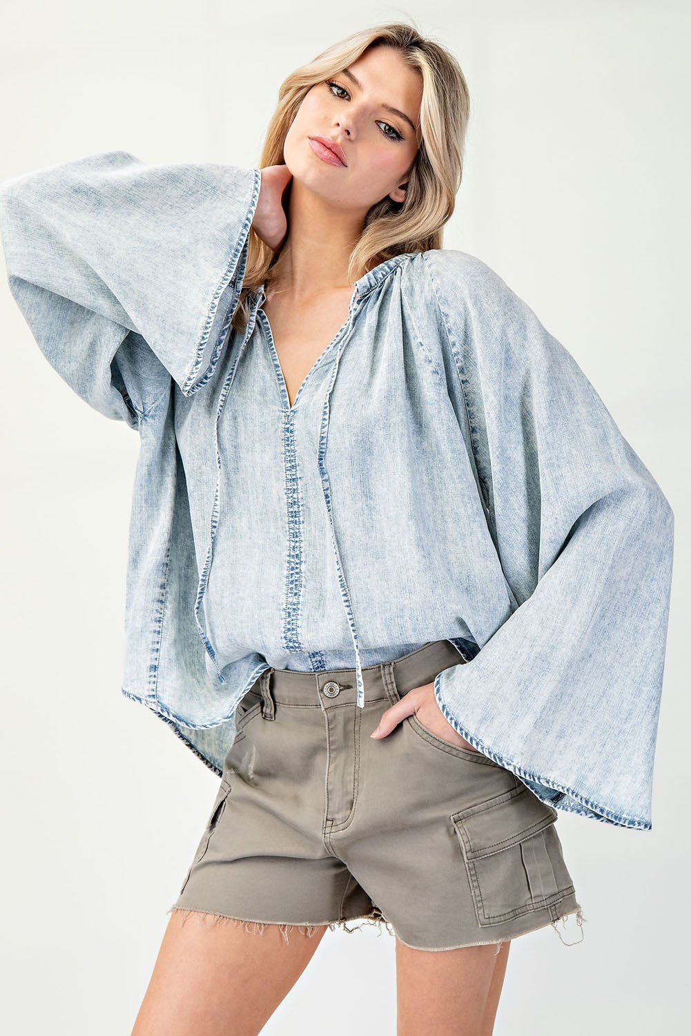 Mineral Washed Bell Sleeve Denim Top